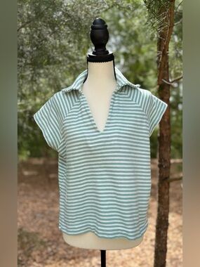 Striped Mint & White Collared V-Neck Short Sleeve Top